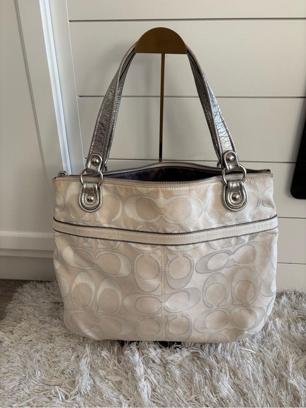 Coach white Signature Jacquard Tote with Silver Trim